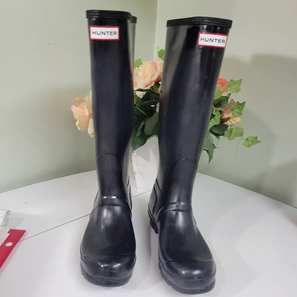 Hunter Womens 38 7 7.5 Original Tall Gloss Black Wellies Rain Boots - Picture 3 of 9